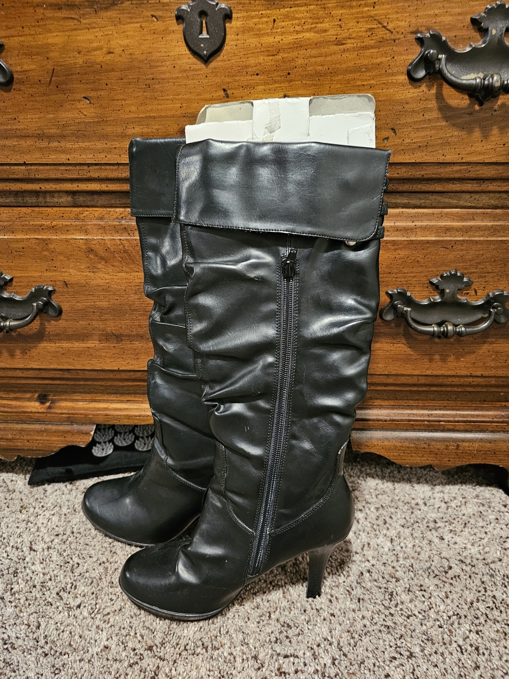 Rampage Black Mid-Calf Ruched Heel Boots